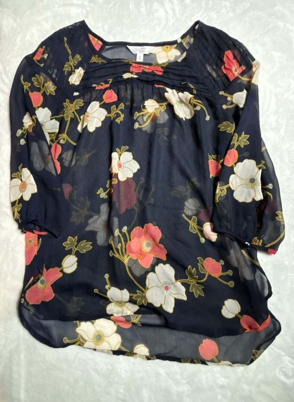 LC Lauren Conrad Floral Blouse Size M Sheer Navy Blue